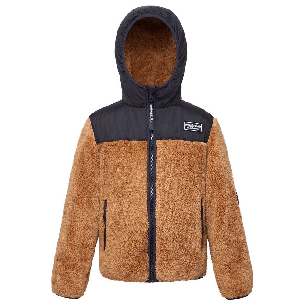 Rokka & Rolla Jacket Kids 6-7 Brown Black Hooded Fleece Full Zip Outdoor Sherpa